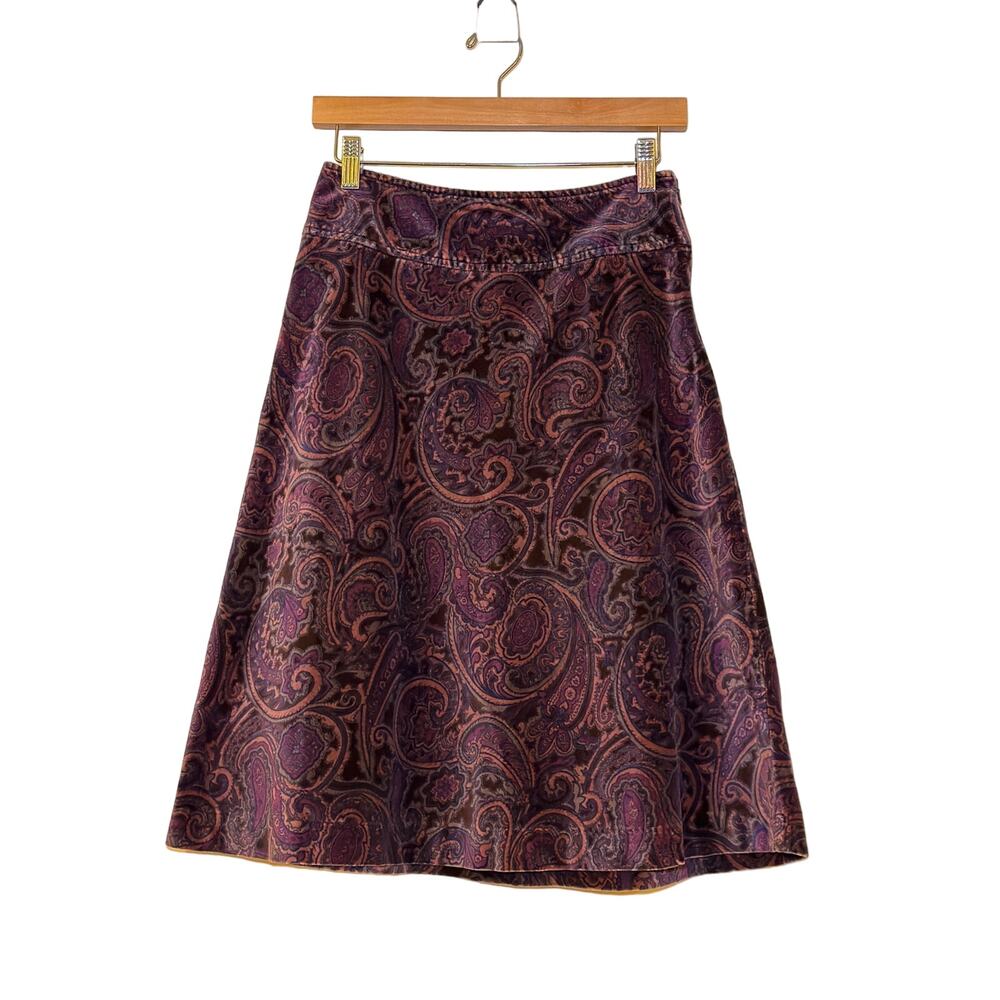 MERONA Size 3 Vintage Y2K Fairy Purple & Brown Paisley Velvet A-Line Midi Skirt